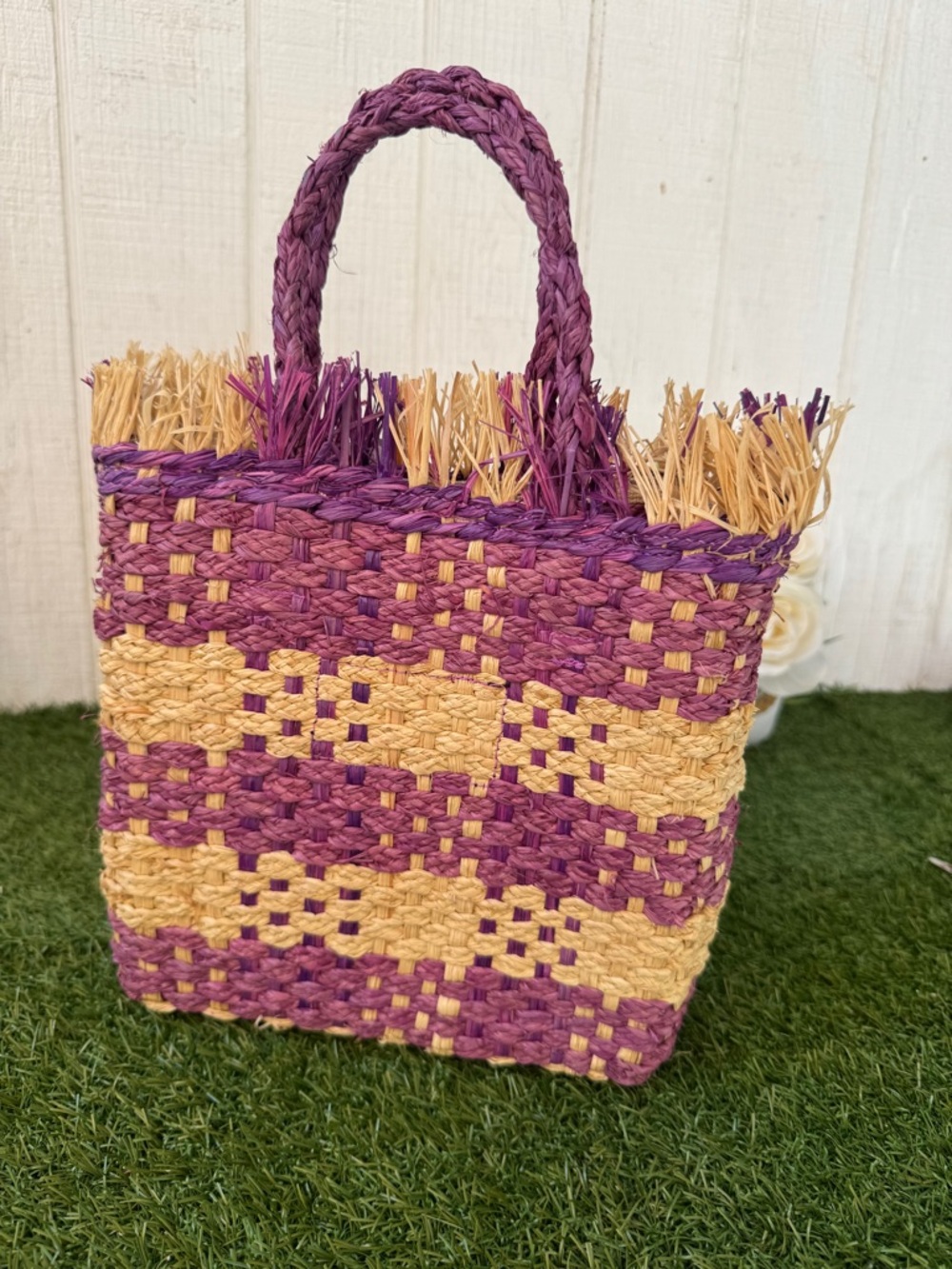 L Space - Charlie Bag - Berry Woven Straw Tote Bag in Purple and Natural New - Picture 5 of 10
